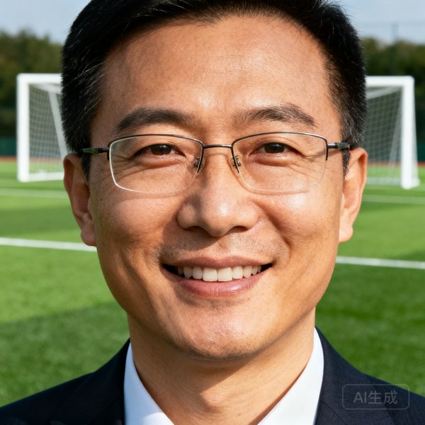 首席执行官张伟，戴眼镜，面带微笑，背景是足球场